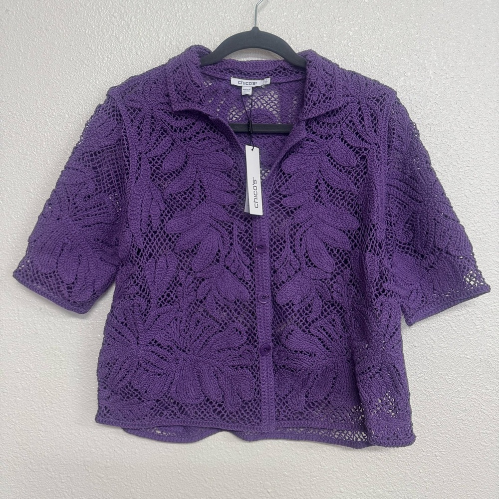 Chicos New Womens M Purple Cotton Blend Palm Frond Crochet Lace Shacket Cardigan - Picture 4 of 10